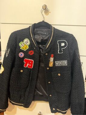 Black Embroidered Patch Bomber Jacket